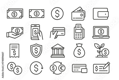 Money and payment line icon set. Finance, banking, investment, and business concepts. Vector symbols for currency, credit card, wallet, online banking, exchange, transaction.