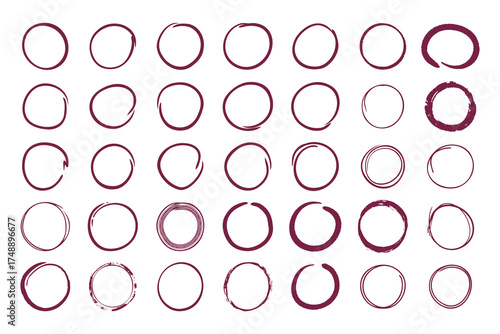 Set of Hand-Drawn Textured Grunge Doodle Circles in Dark Red Color