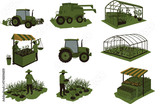 agriculture illustration, farming icons, tractor and greenhouse, crop cultivation, market stall, produce sale, field work, rural scene, green vector
