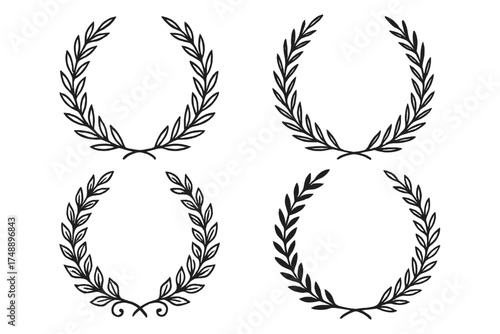 Set of black circular laurel wreaths. Hand drawn vector collection. Vintage foliate branches for award, victory, honor emblem. Decorative ornate leaves, swirls, logo frame.
