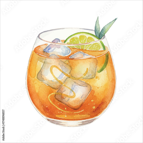 Agave Syrup Tequila Cocktail Watercolor Vector Illustration on White Background
