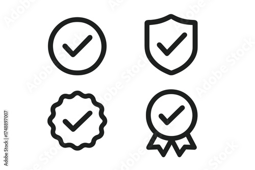 Checkmark approved icon set. Security shield, quality certificate, and guarantee badge. Vector line art symbols for verification, trust, validation, and success concepts.