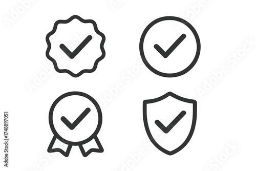 Approved certificate icon set. Quality guarantee check mark badge. Profile verification. Certified medal, award seal and security shield with tick symbol. Vector line illustration.