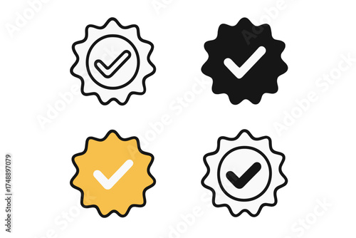 Verified badge icon set. Check mark tick symbol. Approved profile sign. Quality certificate seal. Social media checkmark label. Vector illustration for security and trust.