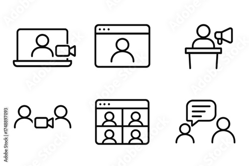Video conference and webinar line icon set. Vector symbols for online events, webcast, virtual meetings, remote work, speaker, calls, and chat for business communication.