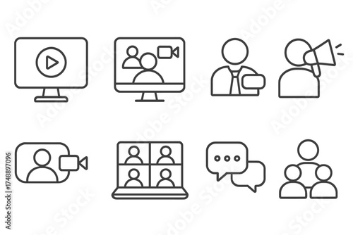 Video conference line icon set. Webinar, online event, webcast symbols. Virtual meeting, remote work, speaker, presentation, video call and chat vector illustration collection.