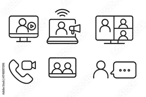 Video conference and webinar line icon set. Collection of vector icons for online event, webcast, virtual meeting, video call, speaker presentation, and group chat. Outline symbols.