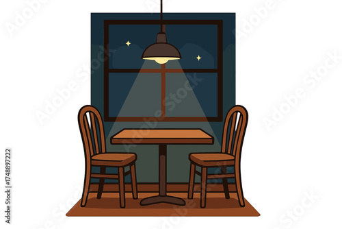 Restaurant table for two by a window at night. Vector illustration of a cozy cafe interior. Empty chairs, romantic dinner date scene. Concept of waiting or loneliness.