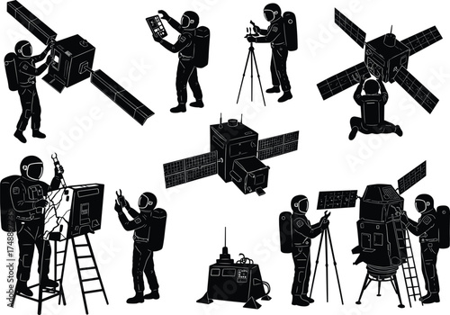 Astronaut and satellite silhouette, space equipment interaction scene, black vector art, solar panel maintenance, scientific posture, cosmic technology activity moment