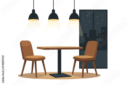 Empty table for two in a modern restaurant or cafe. Interior scene with a window view of the city at night. Concept for a dinner date, waiting, or solitude. Cozy lighting.