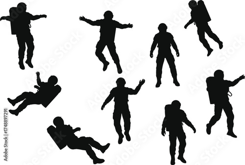 Astronaut silhouette illustration, floating space posture, black vector art, zero-gravity movement scene, spacesuit and backpack configuration, cosmic exploration activity moment