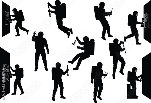 Astronaut silhouette illustration, space mission activity with tools and control panels, black vector art, zero-gravity posture, scientific equipment interaction scene