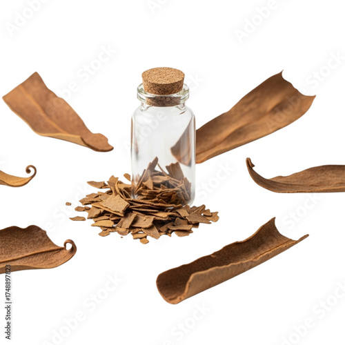 Natural aromatic cinnamon spice in chips and sticks with a small corked vial, representing traditional aromatherapy and culinary ingredients on a clean white backdrop