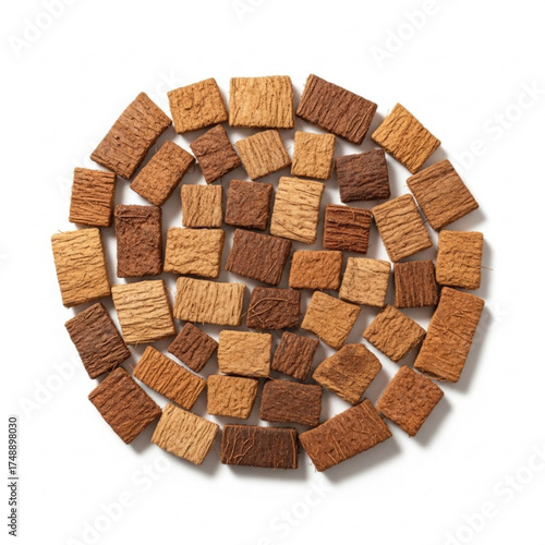 A top-down view of assorted whole grain and chocolate breakfast cereal squares arranged in a circular shape on a white background
