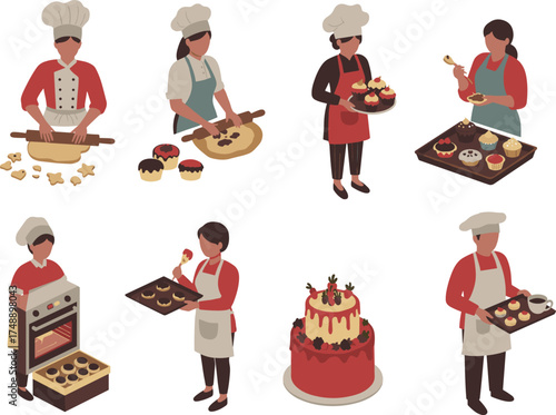 baking activity icons, cupcake decoration, dough cutting, pastry preparation, chef silhouette, oven tray, decorated cake, kitchen tools, black red vector