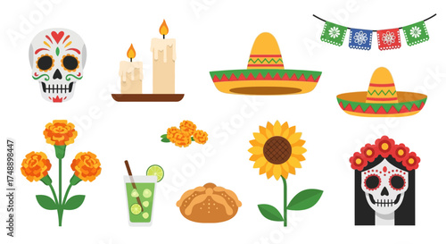 Day of the Dead Icons Set with Sugar Skull, Sombrero, Candles, and Flowers