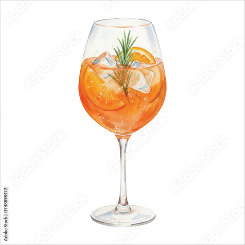 Aperol Spritz Watercolor Vector Illustration on White Background
