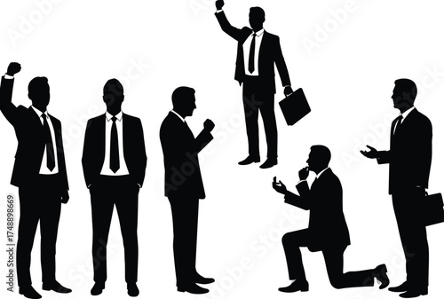 Businessmen silhouettes in various poses, leadership success, teamwork collaboration, corporate decision making, career growth, office communication, professional confidence, proposal and discussion 