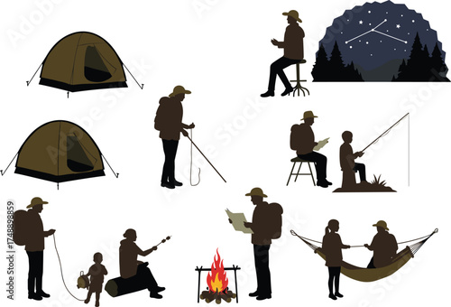 camping activities, outdoor adventure, fishing, hiking, campfire, tent setup, marshmallow roasting, hammock relaxation, nature exploration, family trip, stargazing, forest night