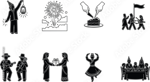 Celebration silhouettes, festive lantern, fireworks display, cake cutting, gift exchange, music performance, cultural parade, traditional dance, party meal, joyful gathering, event icons