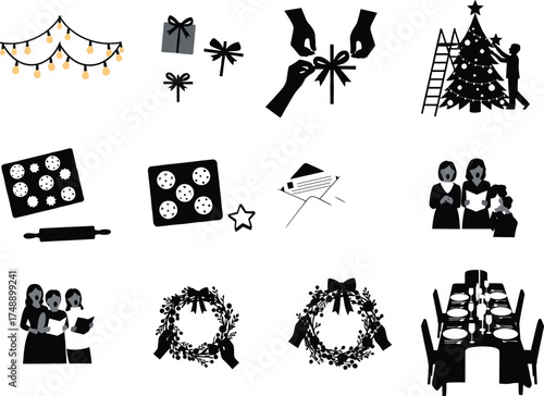 Christmas icons, holiday silhouettes, gift wrapping, cookie tray, festive lights, carol singing, tree decorating, wreath design, dining table, celebration scene, seasonal decor