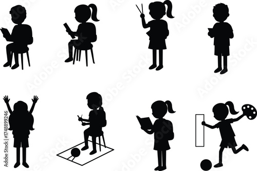 Children silhouettes, creative activity, reading books, painting fun, drawing time, musical play, student excitement, learning moment, artistic kids, school life, playful expression