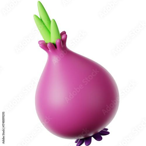 3D Rendered Shiny Red Onion with Green Sprouts Isolated on Green Background