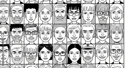 A comprehensive grid of unique illustrated human faces, showcasing a wide array of diverse personalities and individual characteristics, representing community and variety
