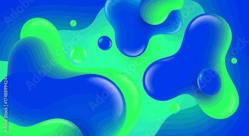 Vibrant blue and green liquid shapes form a dynamic abstract background, creating a modern and energetic visual with glossy, flowing elements and organic forms