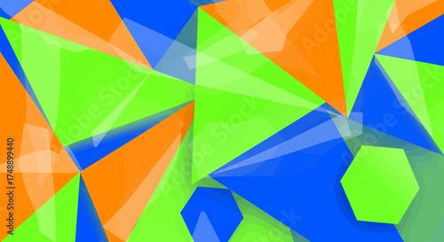 Dynamic abstract geometric pattern featuring an energetic blend of bright orange, green, and blue polygons with translucent layers for a modern background design