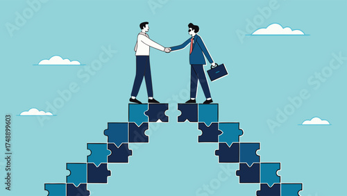 business agreement, cooperation in business to achieve certain targets, growth or progress to achieve goal and target, two business people shaking hands at the top of the ladder from puzzle

