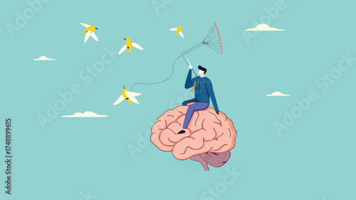 new creative idea searching process, mindset development or learn new skill, contemplation to find solutions or innovations, businessman riding human brain using butterfly net to catch light bulb idea