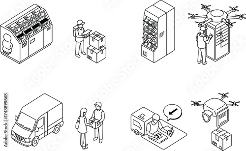 drone delivery, parcel locker, logistics system, package exchange, delivery van, scanning boxes, order processing, supply chain, automation, courier service, technology