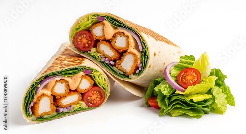 Delicious Chicken Wrap with Fresh Salad on White Background.