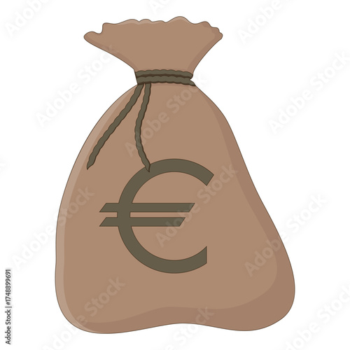 A brown money bag with a Euro currency symbol representing wealth, finance, and savings