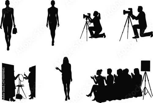 fashion media silhouettes, modeling scene, makeup artist, photography setup, audience clapping, public presentation, tripod camera, runway walk, black vector, creative industry