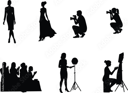 fashion production silhouettes, runway walk, photographer crouch, lighting setup, audience clapping, media crew, formal attire, black vector, backstage scene, creative industry