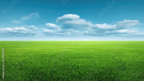 Expansive Green Meadow Under Bright Sky with Fluffy Clouds Illustrating Nature's Serenity and Peaceful Landscape in a Beautiful Daylight Setting