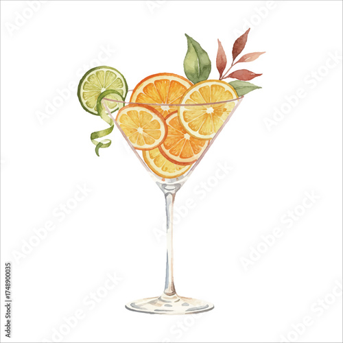 Watercolor Martini Glass with Dehydrated Citrus Wheel on White Background
