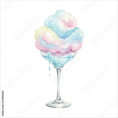 Watercolor Cotton Candy Cocktail in Martini Glass on White Background
