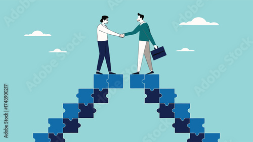 business agreement, cooperation in business to achieve certain targets, growth or progress to achieve goal and target, two business people shaking hands at the top of the ladder from puzzle

