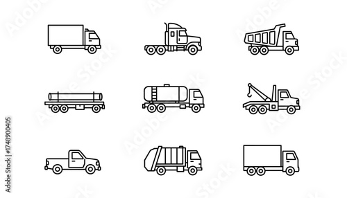Trucks vector icon set. Linear outline graphic collection. Transport and logistics symbols. Semi, dump, garbage, pickup, tow, tanker, delivery, van, flatbed truck pictogram.