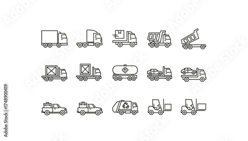 Trucks and commercial vehicles vector linear icon set. Includes delivery, semi, dumper, tanker, car carrier, pickup, garbage truck, and forklift. For logistics, cargo, and shipping.