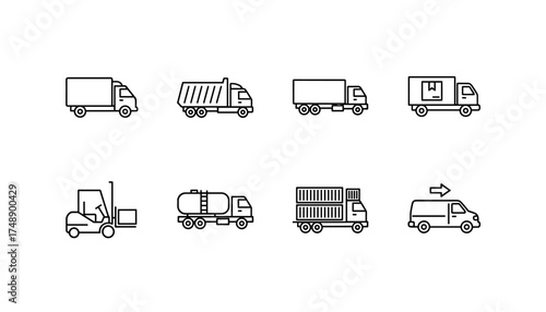 Truck vector icon set for logistics and transport. Linear outline symbols for delivery and shipping. Includes semi, van, dump truck, container, tanker, forklift. Freight vehicle.