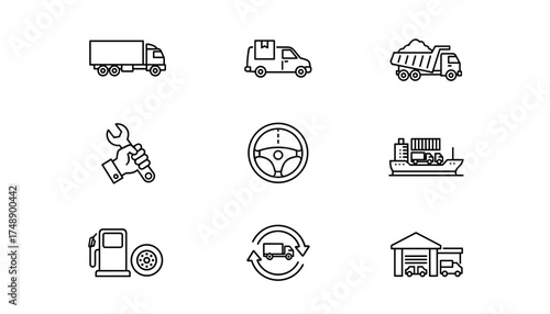 Trucking and logistics icon set. Vector linear icons for transportation, delivery service, cargo freight, shipping, vehicle repair, warehouse, and gas station. Outline symbols.