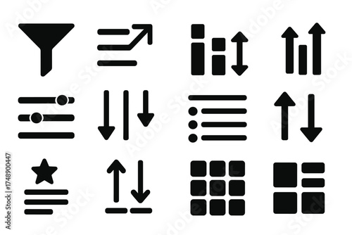 Sorting and filtering icon set for user interface design. Includes filter, list, arrange, refine, sort, organize, priority, reorder, category, control, and dashboard elements. Solid vector icons.
