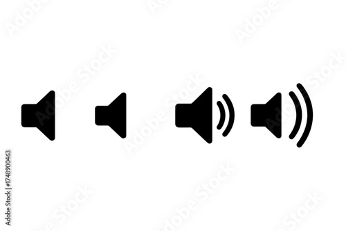 Sound icon vector set. Volume control buttons for user interface design. Audio speaker and loudspeaker symbols. Mute, low and high volume signs isolated. Flat vector illustration.