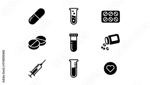 Medical and pharmacy icon set. Vector collection of pills, capsules, tablets, and blister pack. Laboratory test tube, syringe for injection. Health care and treatment symbols.