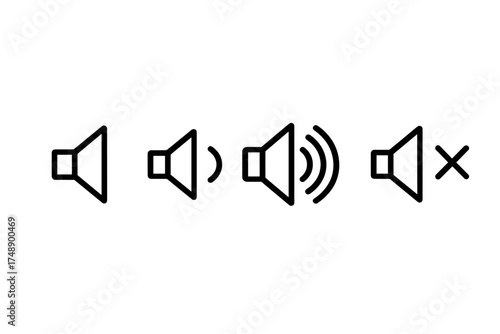 Sound icon collection. Volume button vector set. Loudspeaker interface symbol. Audio level control pictogram. Mute, silent mode, quiet, max sound signs for web and app design.