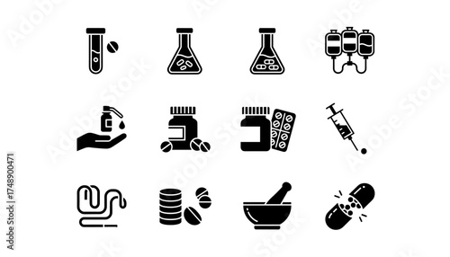 Pharmacy and medicine glyph icons. Vector set of healthcare and laboratory symbols. Drugstore, pharmacology, science concepts. Pills, syringe, iv drip, mortar and pestle.